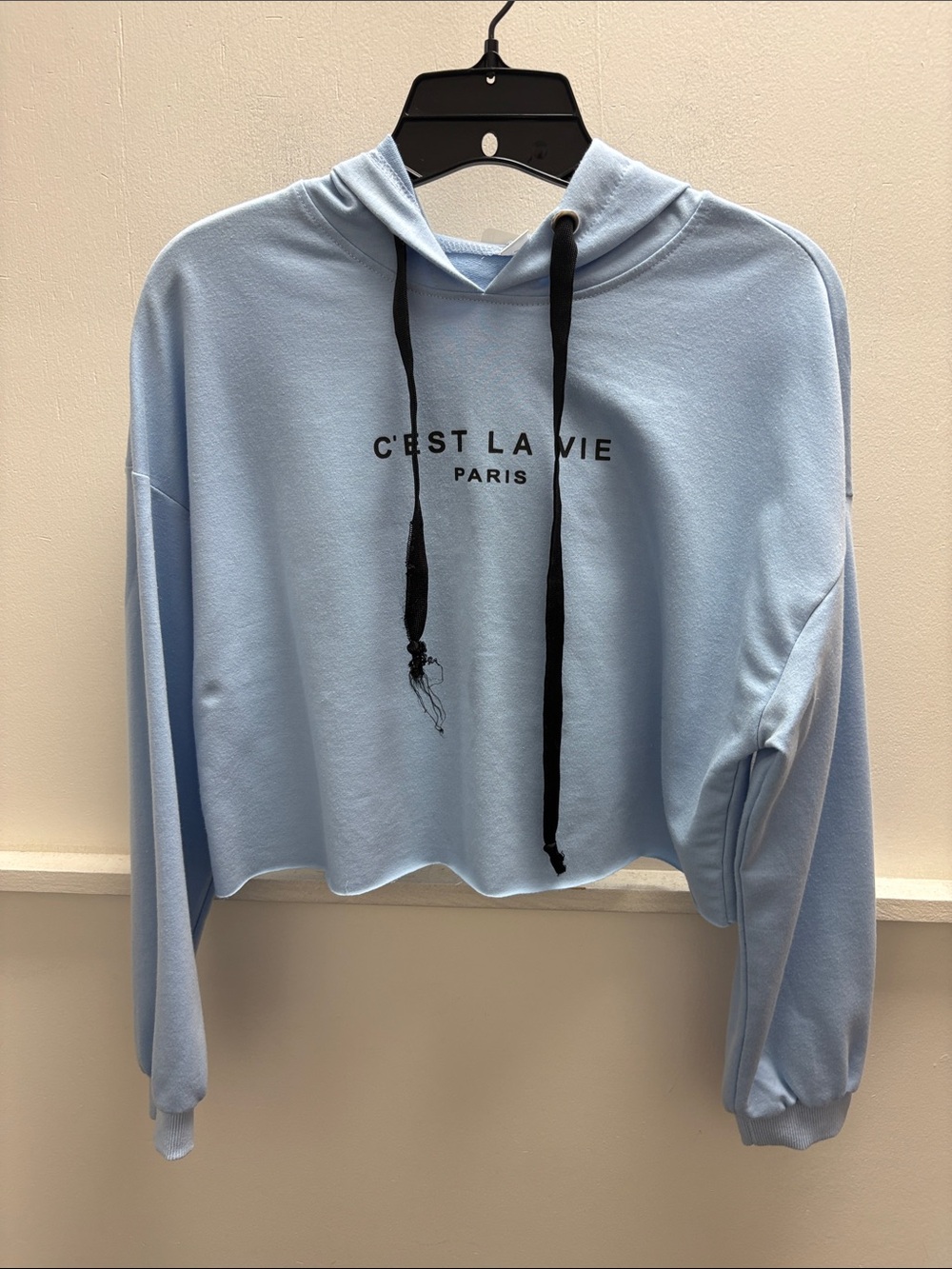 C'EST LA VIE Paris Light Blue Cropped Hoodie with Black Drawstrings